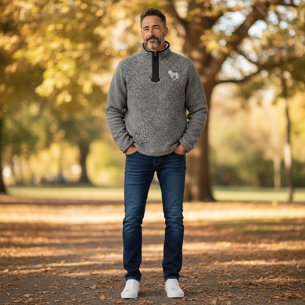Orvis Mens XXXL Grey Marled Sherpa Lined Quarter Zip Pullover Big Hairy Dog Logo